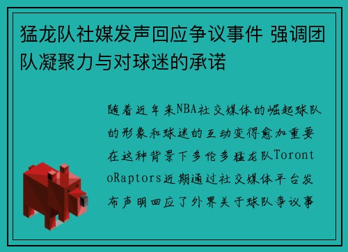 猛龙队社媒发声回应争议事件 强调团队凝聚力与对球迷的承诺